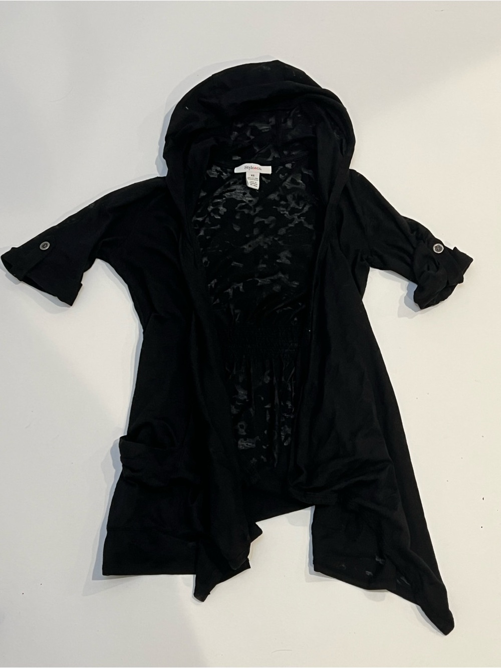 Style & Co Black Hooded Short Sleeve Open Front Cardigan XS